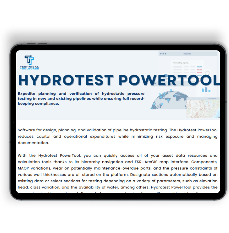 GPT Discover the Hydrotest PowerTool One-Pager, your essential guide to streamlined hydrostatic pressure testing for pipelines. This resource simplifies the planning, verification, and execution of tests for new and existing pipelines, ensuring full compliance and meticulous record-keeping. 