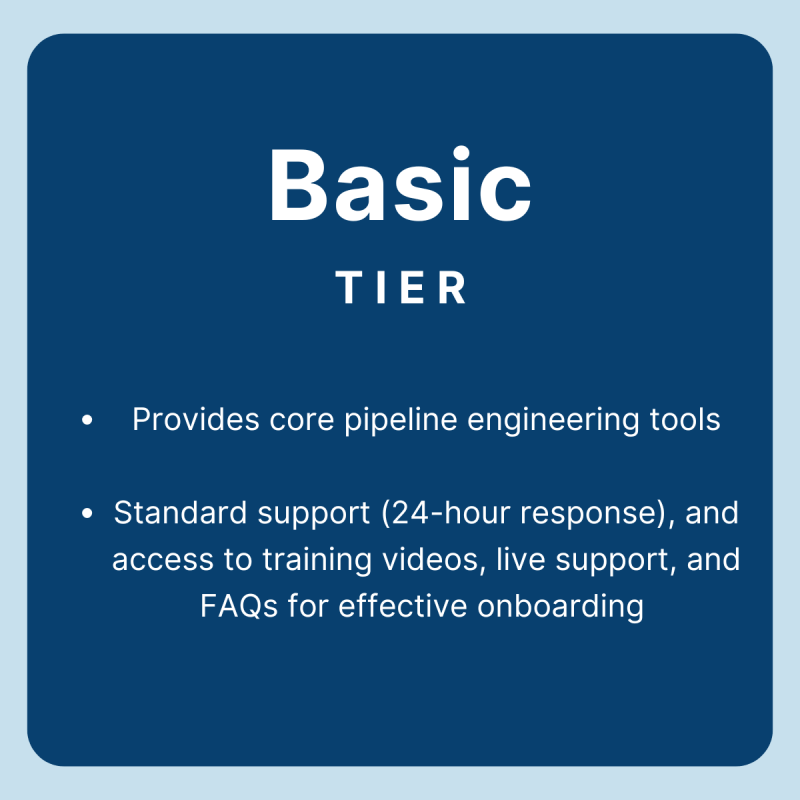  Provides core pipeline engineering tools, Standard support (24-hour response), and access to training videos, live support, and FAQs for effective onboarding