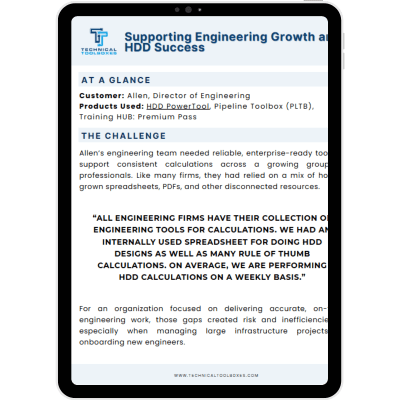 HDD PowerTool Case Study highlighting optimized horizontal directional drilling design and engineering growth with Technical Toolboxes software