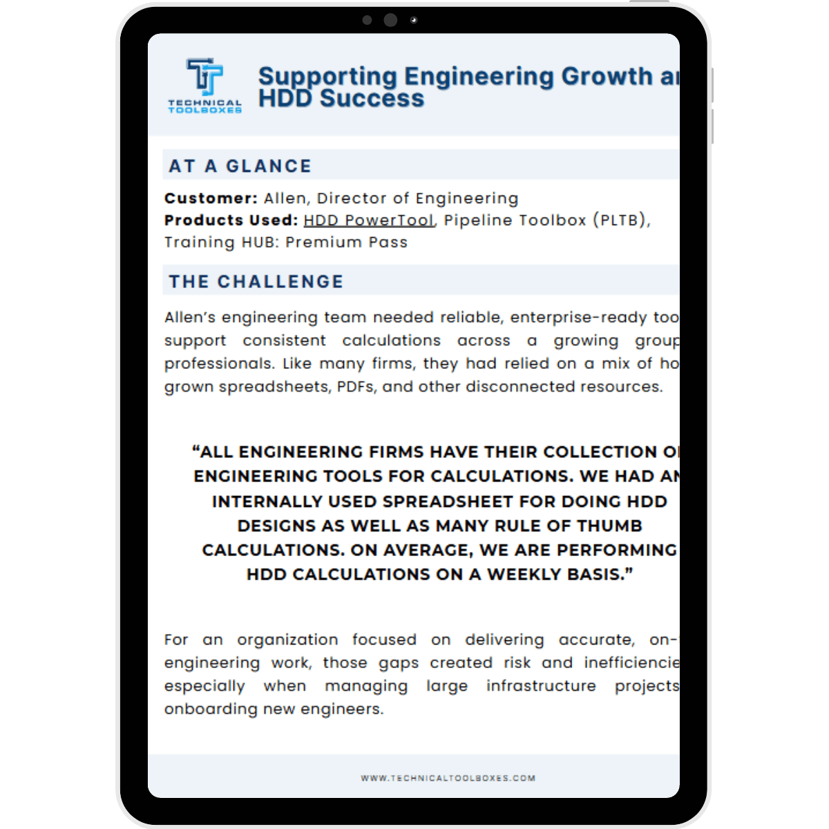 HDD PowerTool Case Study highlighting optimized horizontal directional drilling design and engineering growth with Technical Toolboxes software